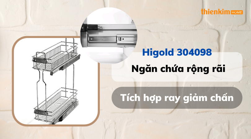 Kệ gia vị 2 tầng đựng chai lọ ray giảm chấn Higold 304098 dung tích lưu trữ lớn